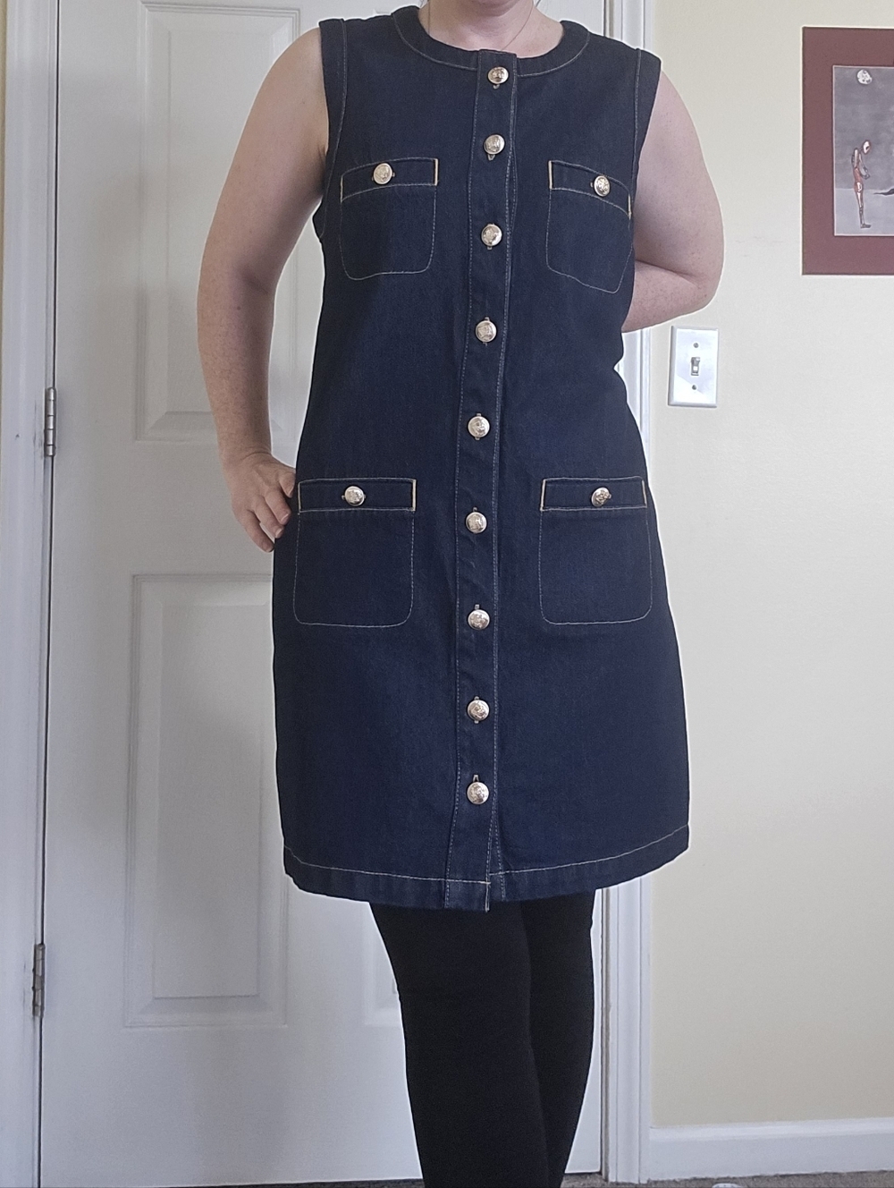 Ann Taylor Dark Denim Classic Sleeveless Sheath Dress Gold Buttons Pockets